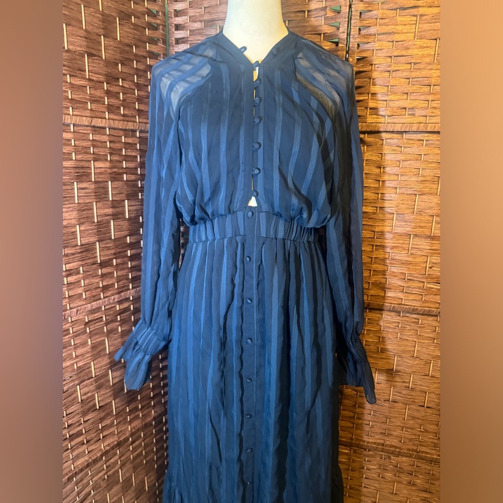 ASOS Dress Blue Pin Strip Sz 10 Sheer Overlay Long Sleeve Exposed Back ruffles